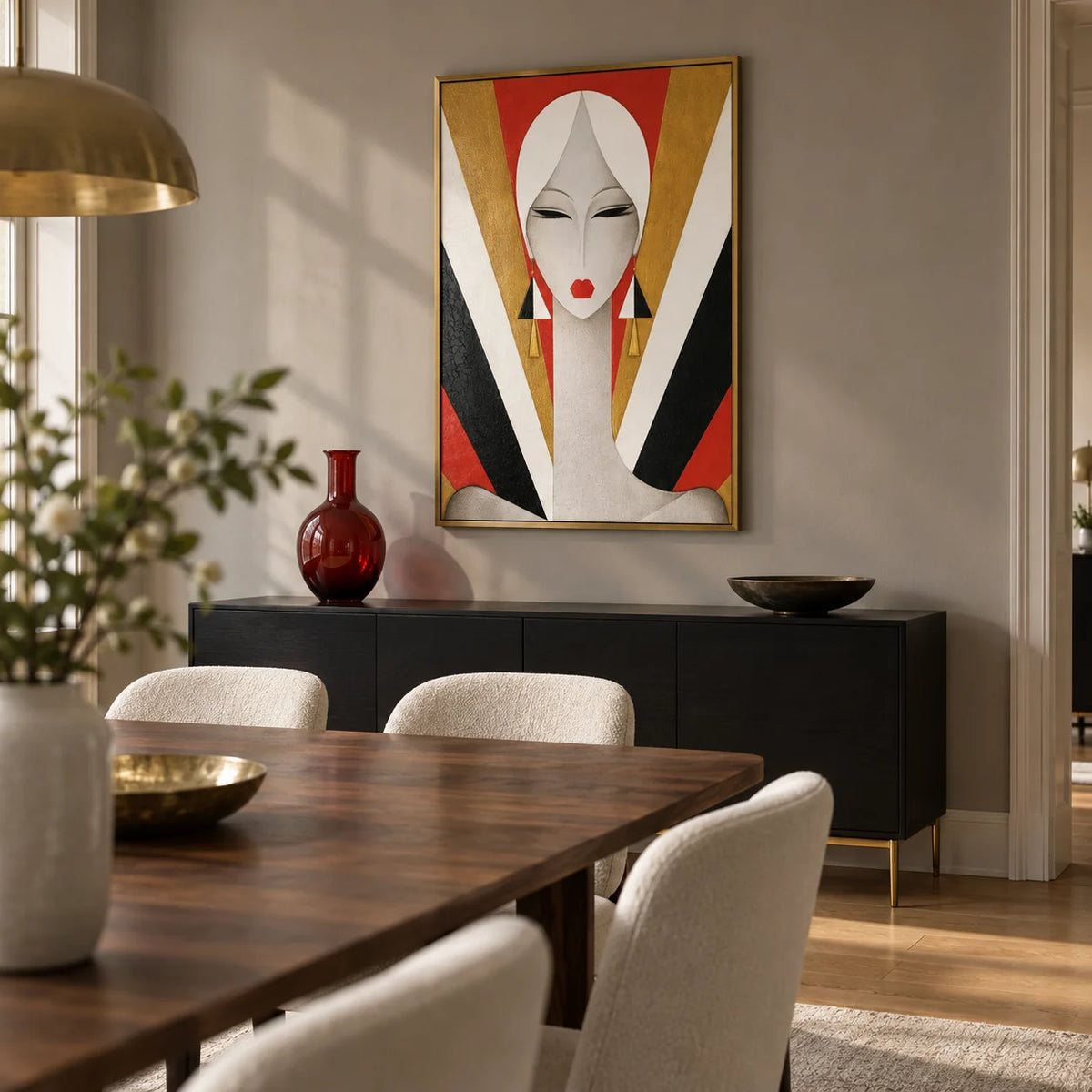 Art Deco Woman Portrait Print, framed on the wall of a sophisticated dining room in a design-led city flat with a muted warm grey wall and plain oak flooring