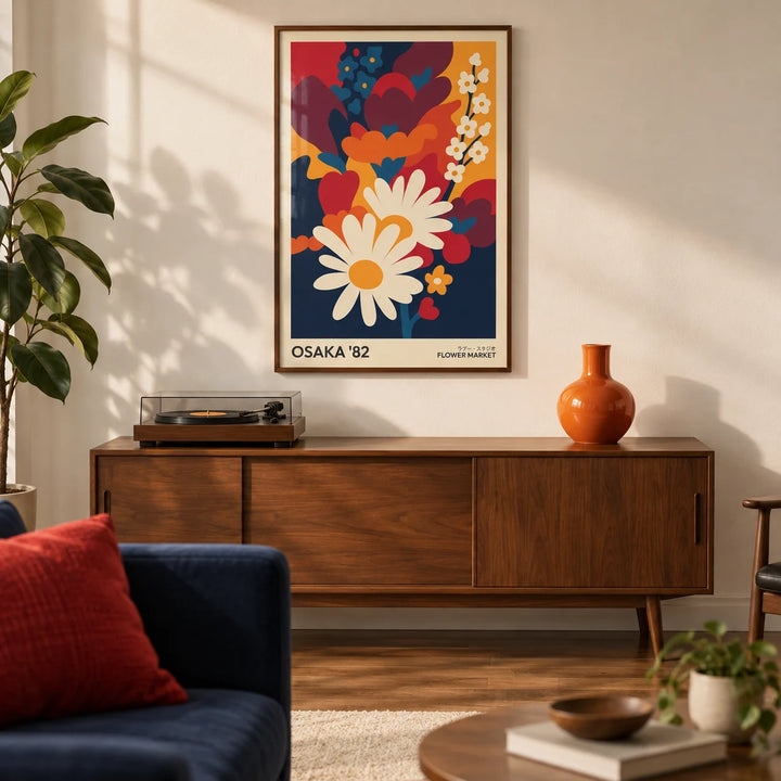 Art Flower Print, framed on the wall of a mid-century modern living room with a warm white wall and a walnut floor