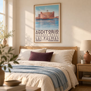 Art Las Palmas, framed on the wall of a calm contemporary bedroom in a UK flat with a warm cream wall
