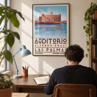 Art Las Palmas, framed on the wall of a compact architecture enthusiast's home study with a cream wall and a walnut desk