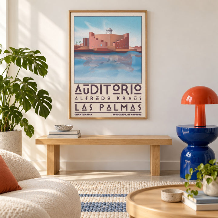 Art Las Palmas shown in a minimalist living room with an oak bench (frame not included)