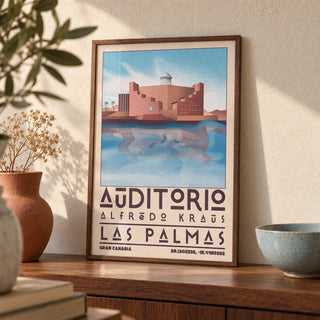 Art Las Palmas, a small A4 framed print leaning on a walnut shelf in a living room