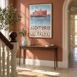 Art Las Palmas, framed on the wall of a welcoming hallway in a UK Victorian terrace updated with clean contemporary furniture