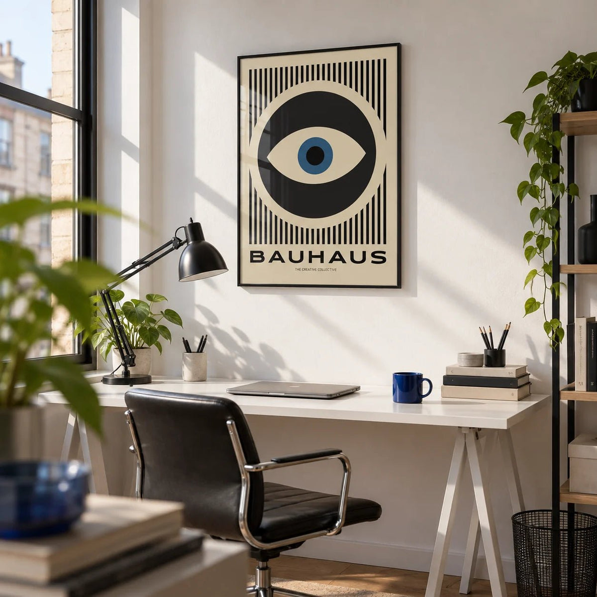 Art Modern Prints, framed on the wall of a creative studio in a city flat in a home office