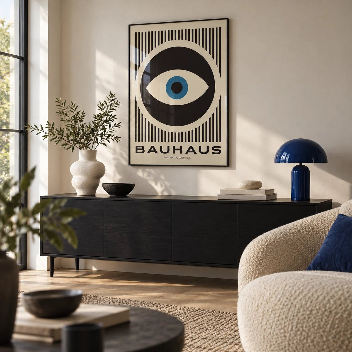 Art Modern Prints, framed on the wall of a design-led living room