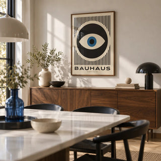 Art Modern Prints, framed on the wall of a modern dining room