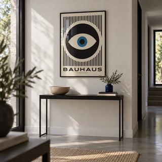 Art Modern Prints, framed on the wall of a modern hallway