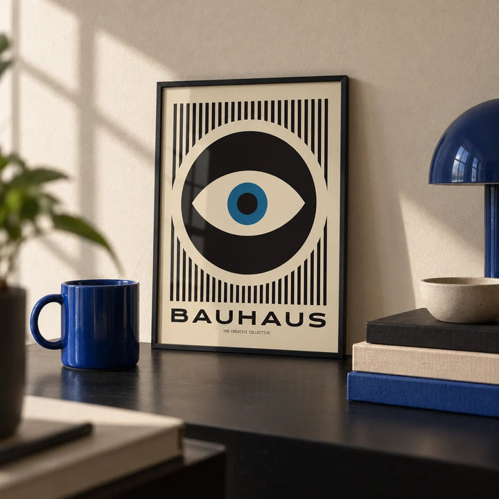 Art Modern Prints, a small A4 framed print leaning on a black desk