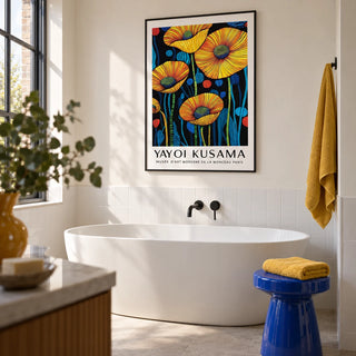 Art of Poppies, framed on the wall of a contemporary bathroom in a UK townhouse with a warm white painted wall above plain white tiles