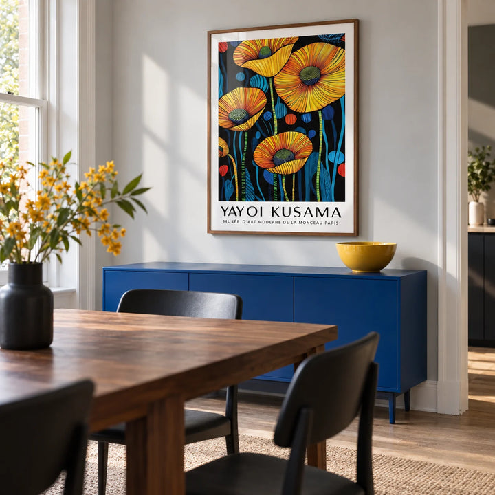Art of Poppies, framed on the wall of a contemporary dining room in a renovated UK terrace with a pale grey wall and a cobalt blue sideboard