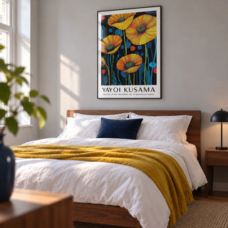 Art of Poppies, framed on the wall of a crisp modern bedroom in a UK flat with a pale grey wall