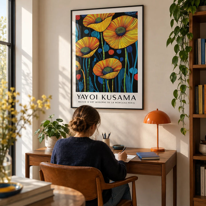 Art of Poppies, framed on the wall of a design-conscious home study with a warm white wall and a slim walnut writing desk