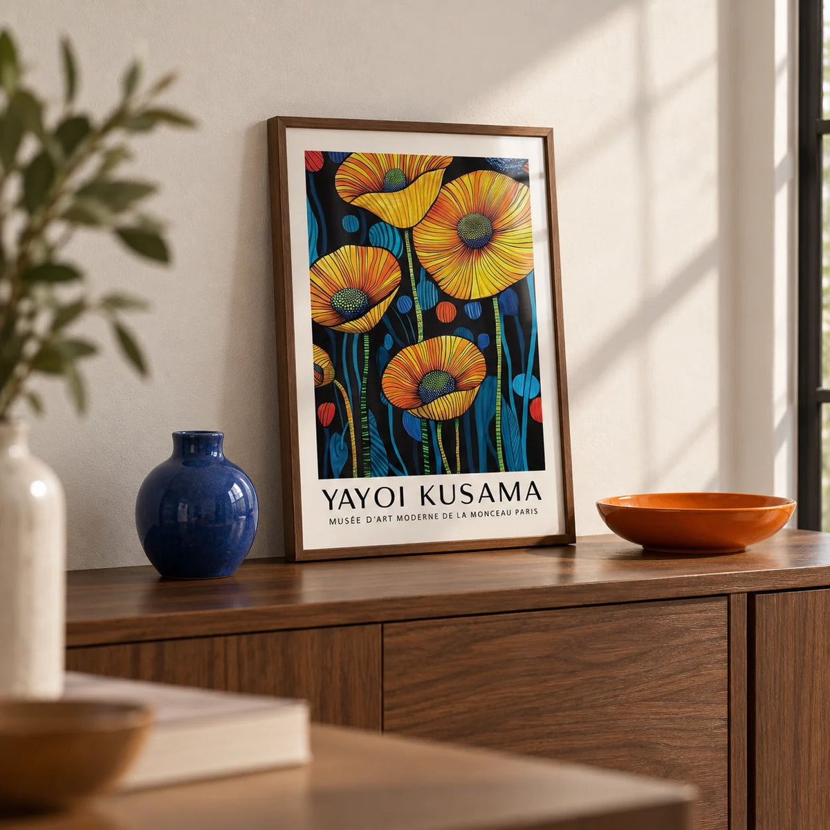 Art of Poppies, a small A4 framed print leaning on a walnut hallway side table