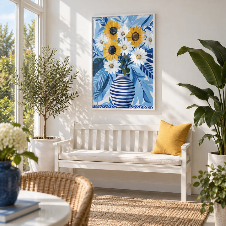 Art of Sunflowers, framed on the wall of a bright conservatory with plain white walls and real potted plants