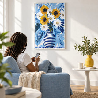 Art of Sunflowers, framed on the wall of a bright living room with a plain white wall