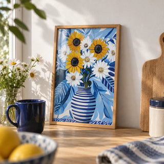 Art of Sunflowers, a small A4 framed print leaning on an oak worktop in a kitchen