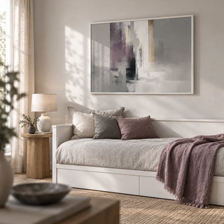 Grey Violet Art, framed on the wall of a calm guest room with a single daybed