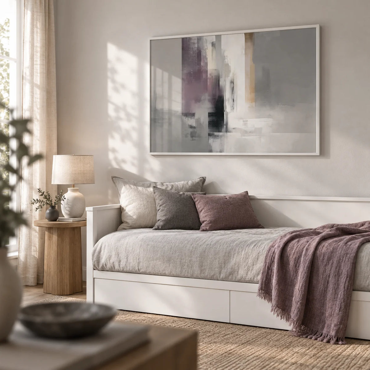 Grey Violet Art, framed on the wall of a calm guest room with a single daybed