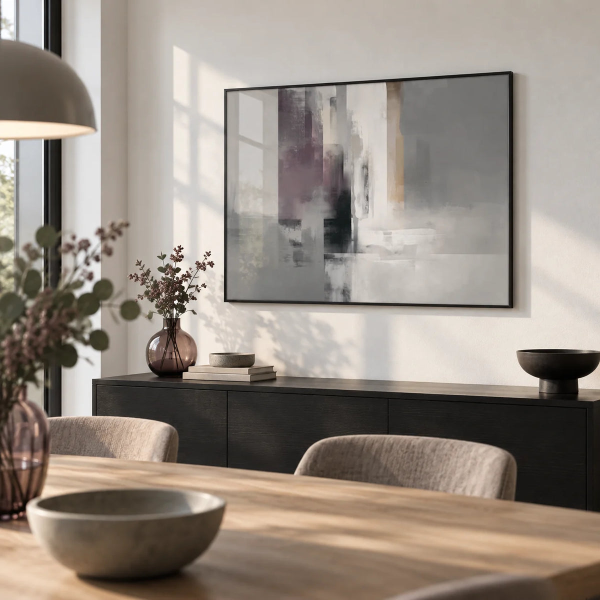Grey Violet Art, framed on the wall of a modern dining room with a white wall