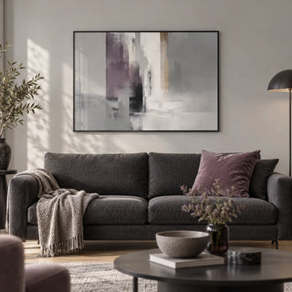 Grey Violet Art, framed on the wall of a modern living room with a pale grey wall and a light oak floor