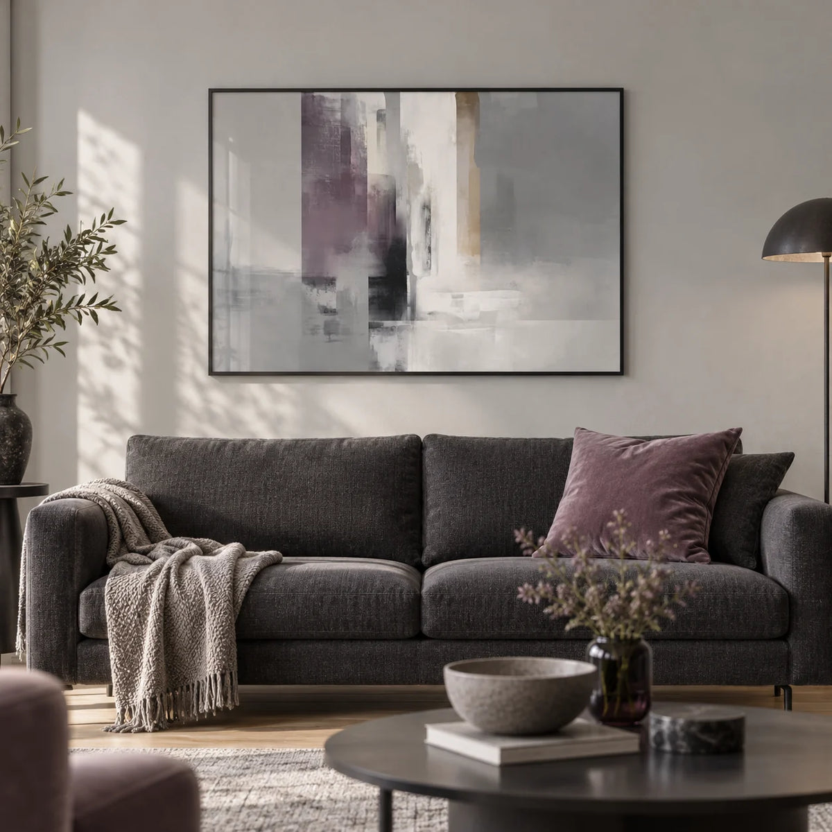 Grey Violet Art, framed on the wall of a modern living room with a pale grey wall and a light oak floor