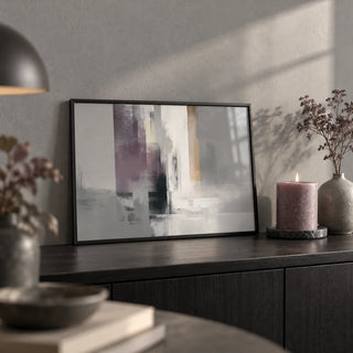 Grey Violet Art, a small A4 framed print leaning on a black sideboard in a living room