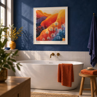 Art Print Square, framed on the wall of a bold bathroom with a deep blue plaster wall and plain white tiles below