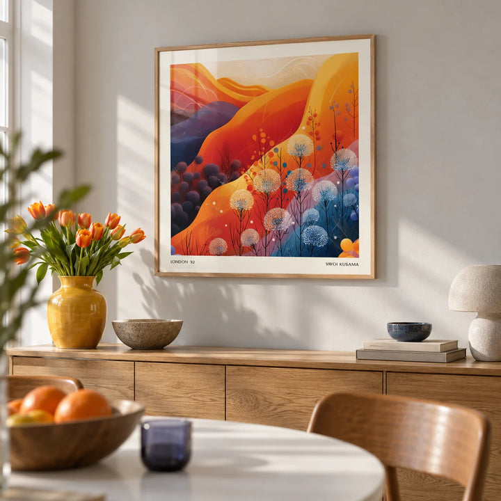 Art Print Square, framed on the wall of a bright dining room with a pale grey wall