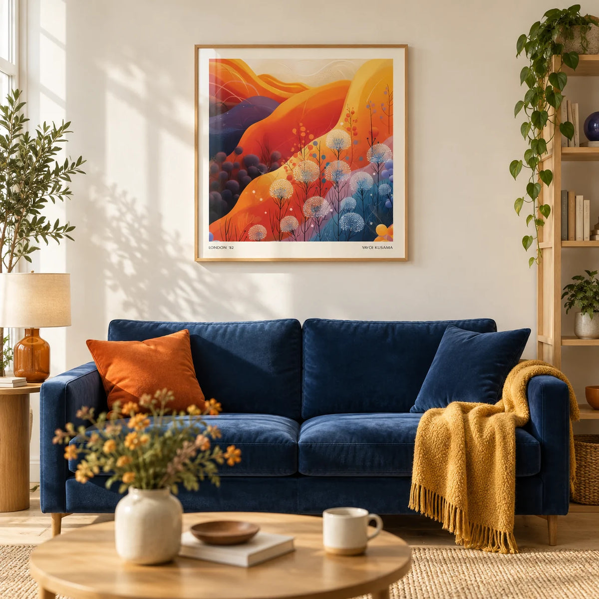 Art Print Square, framed on the wall of a bright living room with a warm white wall and a pale oak floor