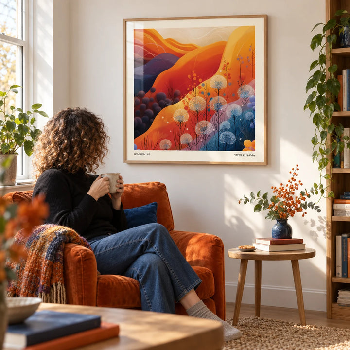 Art Print Square, framed on the wall of a reading corner with a soft white wall in a living room