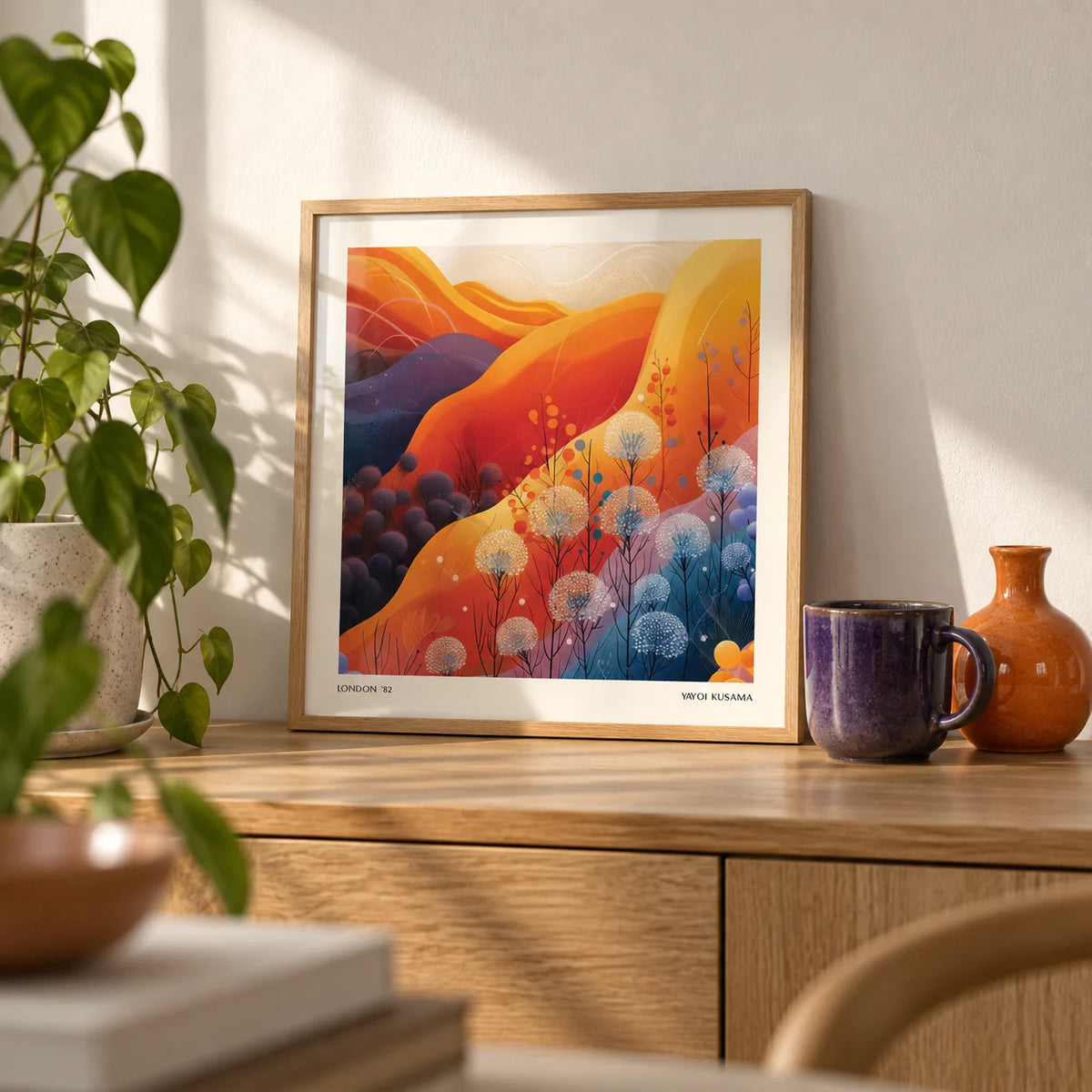 Art Print Square, a small A4 framed print leaning on an oak shelf in a living room