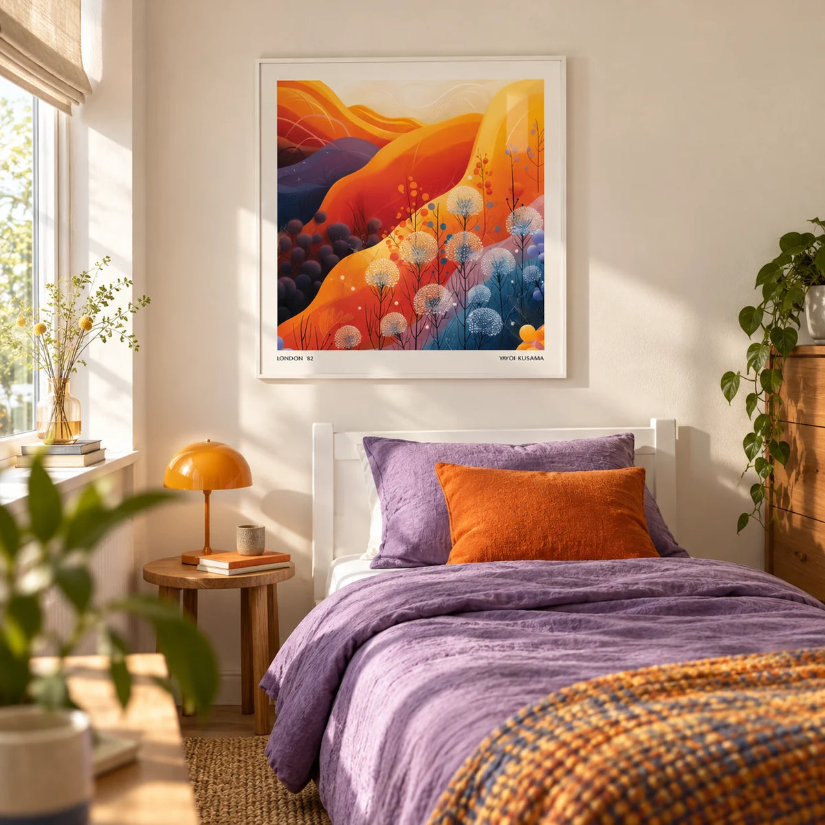 Art Print Square, framed on the wall of a sunny single guest bedroom with a soft cream wall