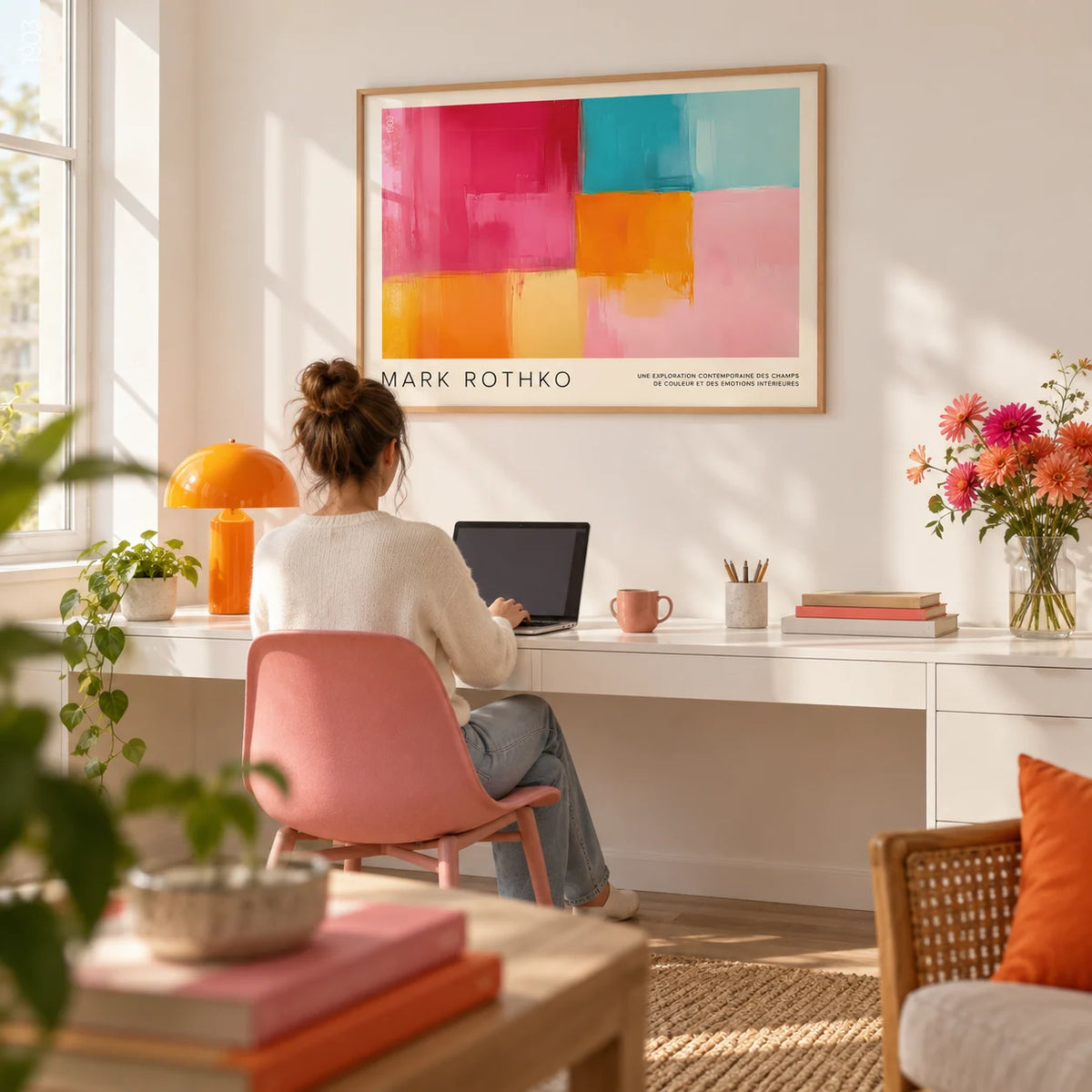 Art Prints Horizontal, framed on the wall of a bright design-led home office with a white wall