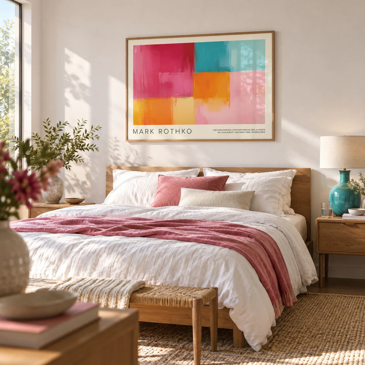 Art Prints Horizontal, framed on the wall of a bright modern bedroom with a soft white wall