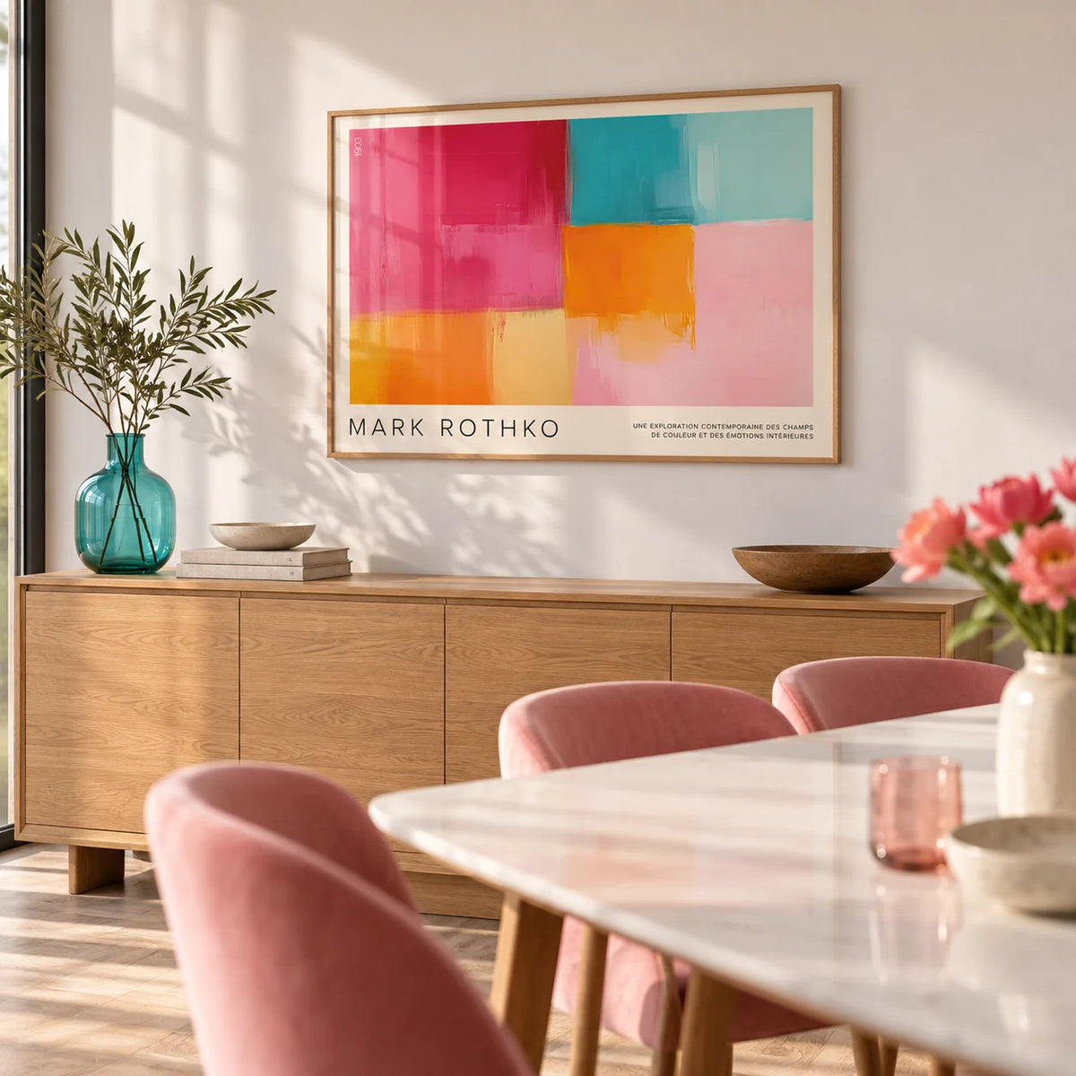Art Prints Horizontal, framed on the wall of a bright modern dining room with a white wall