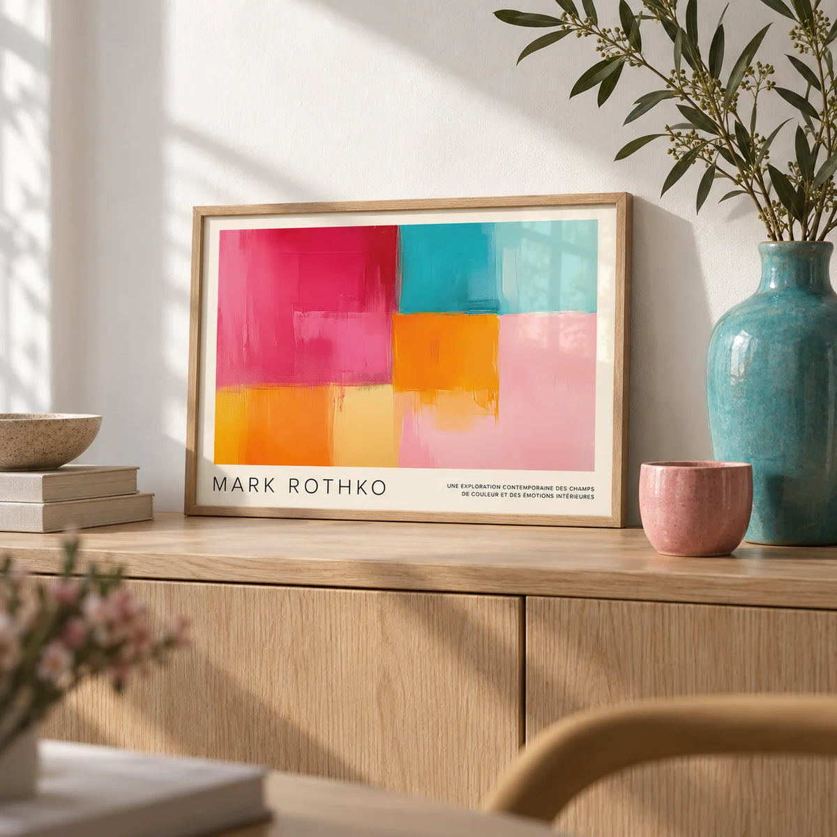 Art Prints Horizontal, a small A4 framed print leaning on a pale oak sideboard in a living room