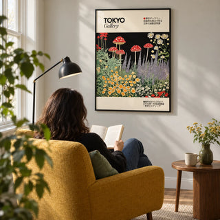Art Prints Japanese, framed on the wall of a bright reading corner in a renovated terraced home with a pale warm grey wall in a living room