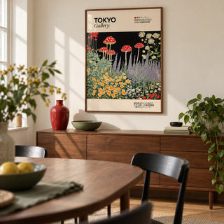 Art Prints Japanese, framed on the wall of a compact design-led dining room in a UK city flat with a pale cream wall and walnut dining furniture