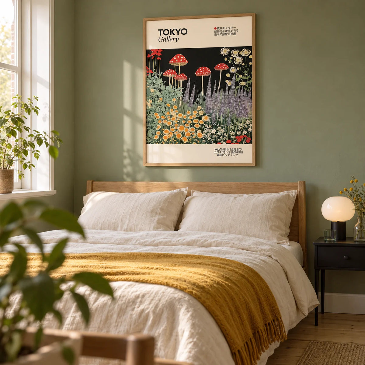 Art Prints Japanese, framed on the wall of a modern bedroom in a UK flat with a muted sage green wall and pale timber floor