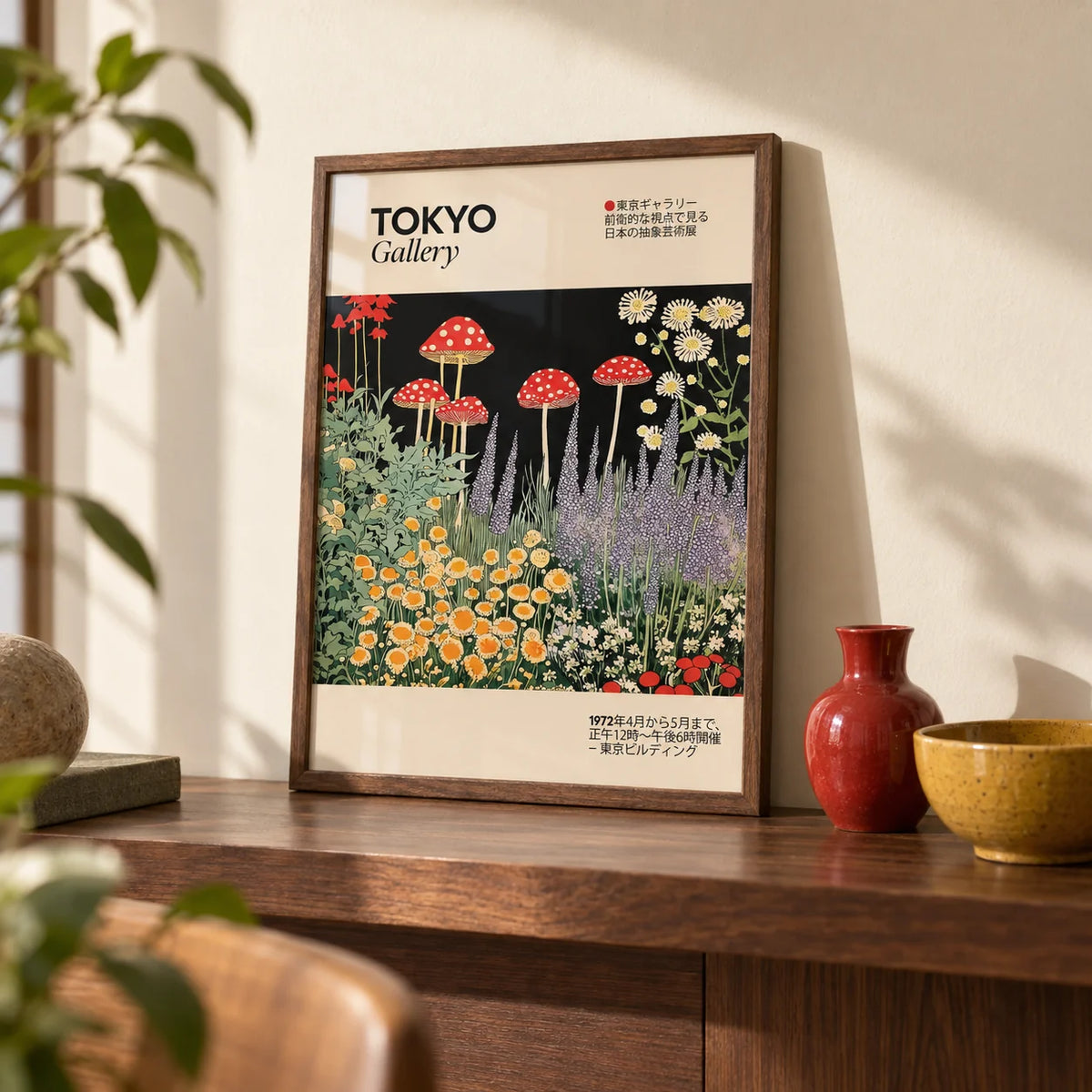 Art Prints Japanese, a small A4 framed print leaning on a walnut shelf in a living room