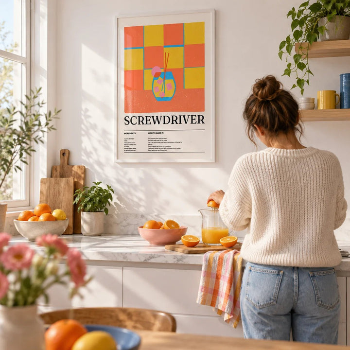 Art Prints Kitchen, framed on the wall of a bright kitchen with a white wall