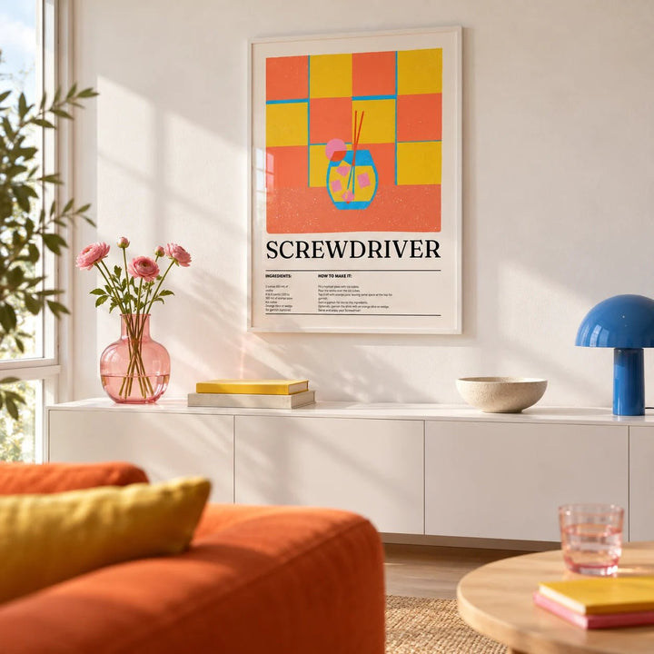 Art Prints Kitchen, framed on the wall of a bright living room with a white wall