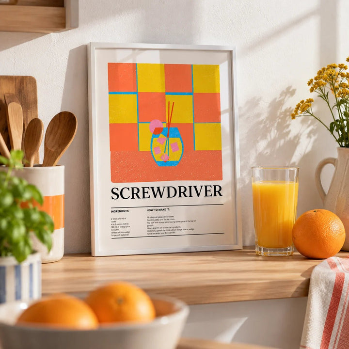 Art Prints Kitchen, a small A4 framed print leaning on a pale wood kitchen shelf