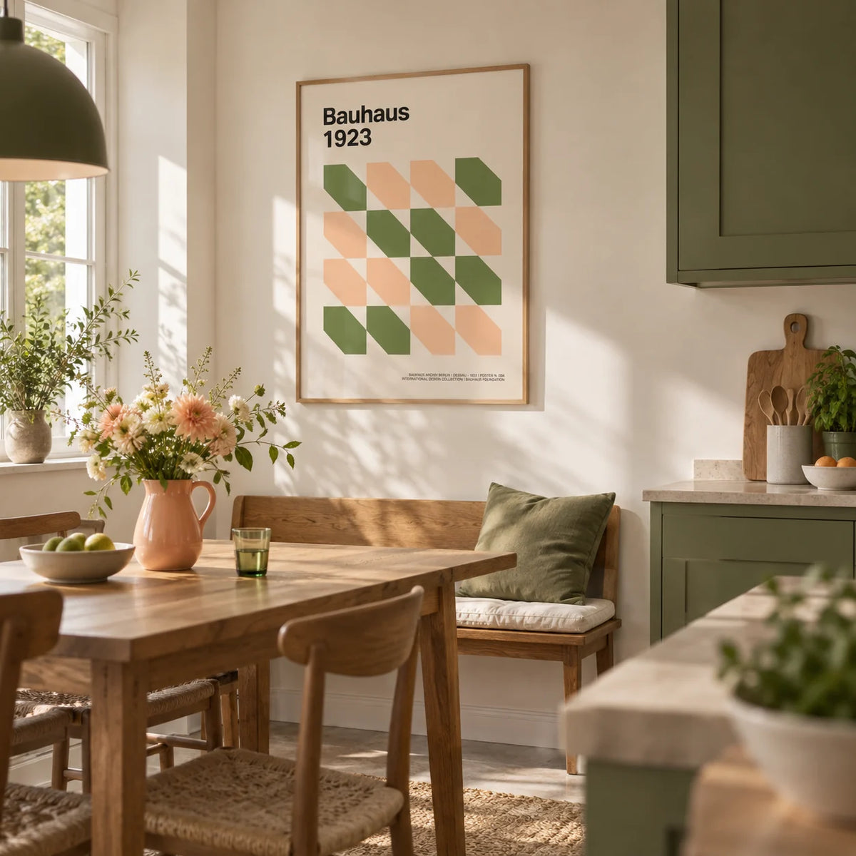 Art Prints Mid Century, framed on the wall of a bright kitchen-diner with plain olive green units