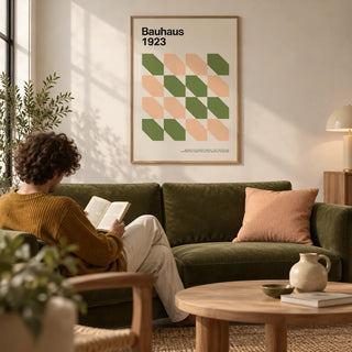 Art Prints Mid Century, framed on the wall of a calm modern living room with a warm white wall