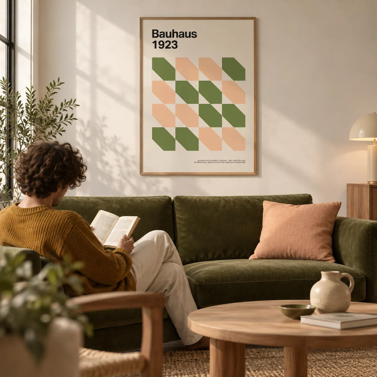 Art Prints Mid Century, framed on the wall of a calm modern living room with a warm white wall