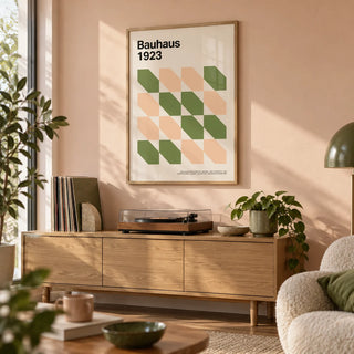 Art Prints Mid Century, framed on the wall of a design-led studio flat with a pale peach wall in a home office