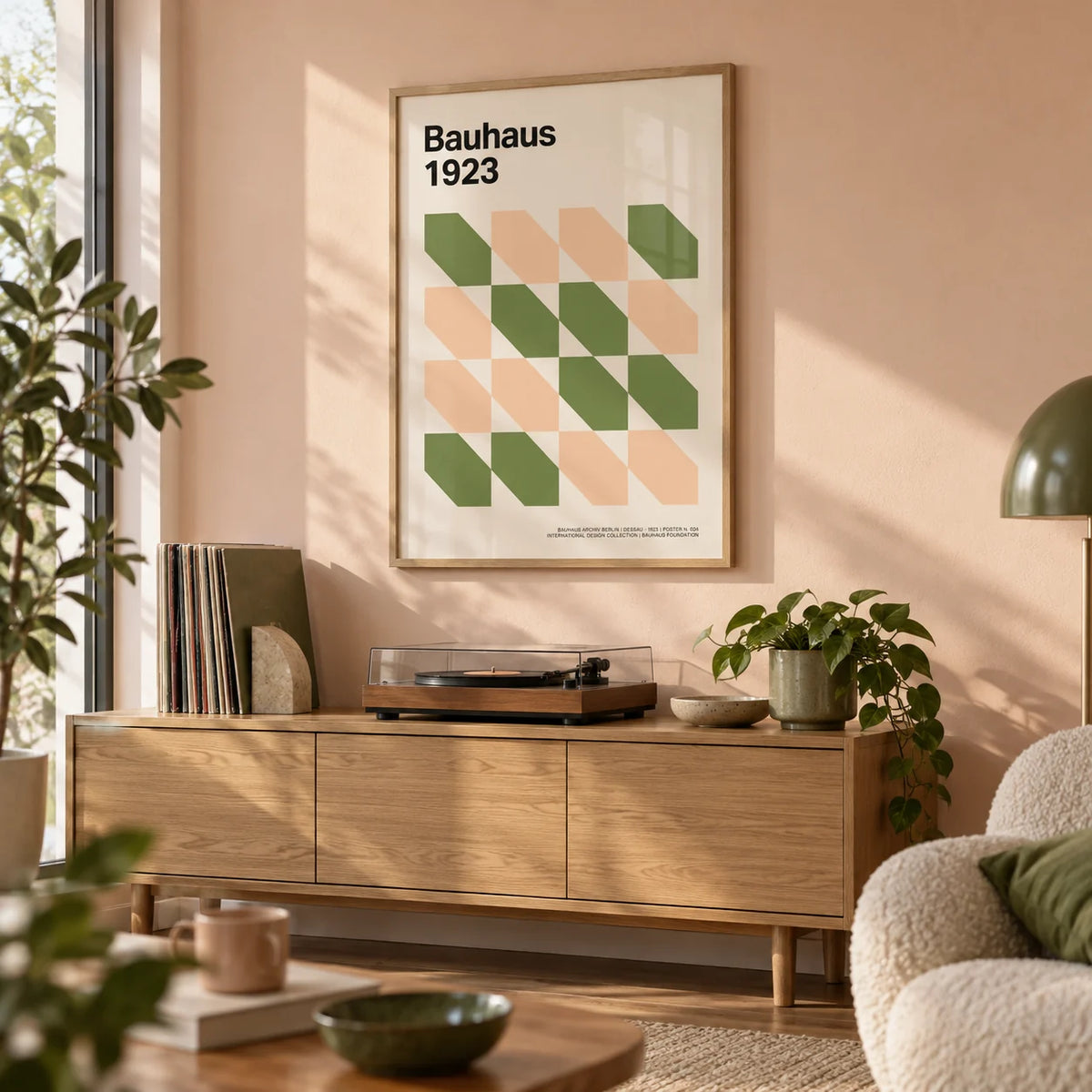 Art Prints Mid Century, framed on the wall of a design-led studio flat with a pale peach wall in a home office