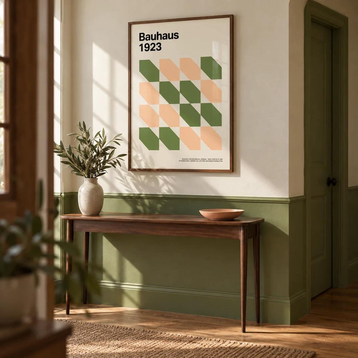 Art Prints Mid Century, framed on the wall of a hallway with a plain olive green lower wall and a cream upper wall