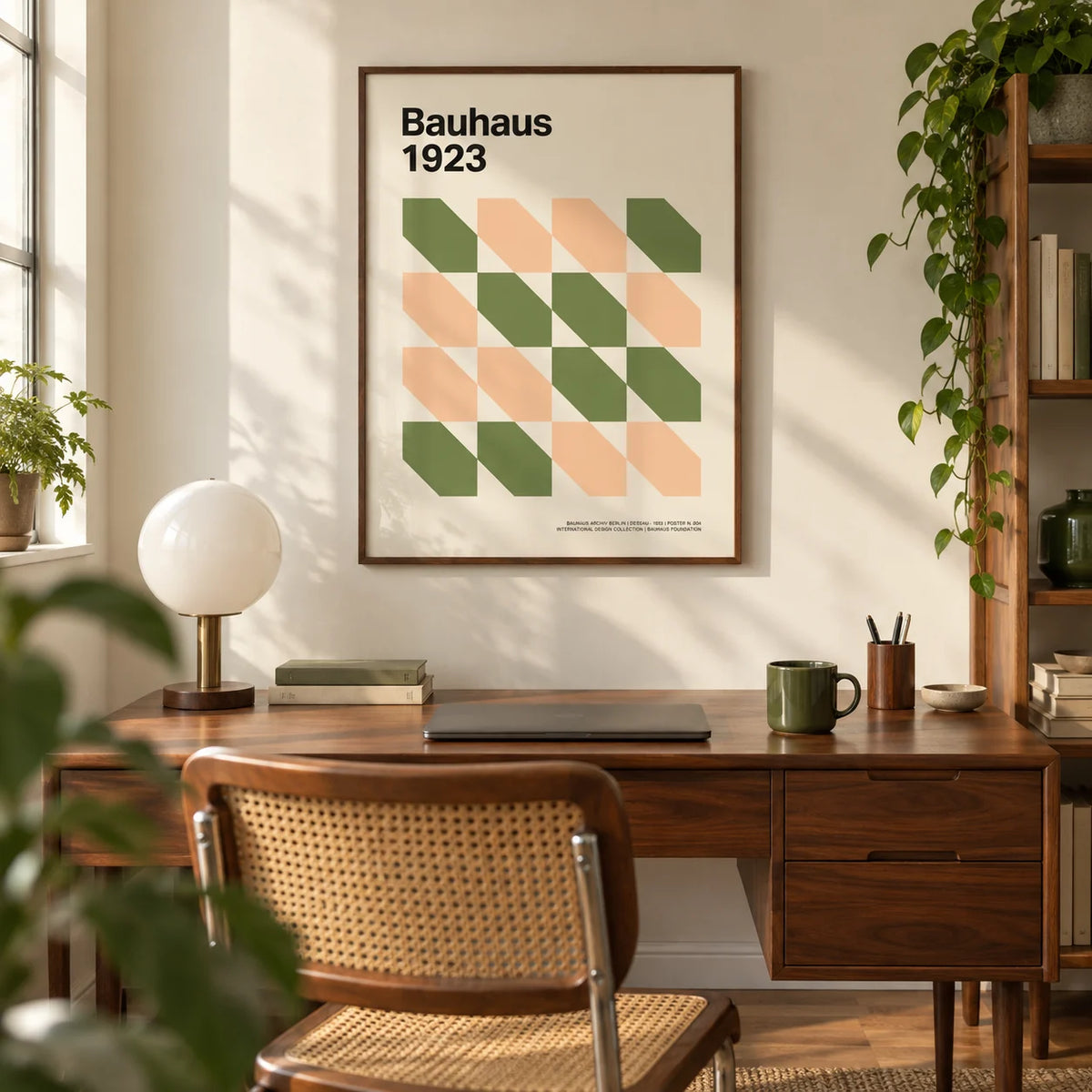 Art Prints Mid Century, framed on the wall of a mid-century home office with a cream wall